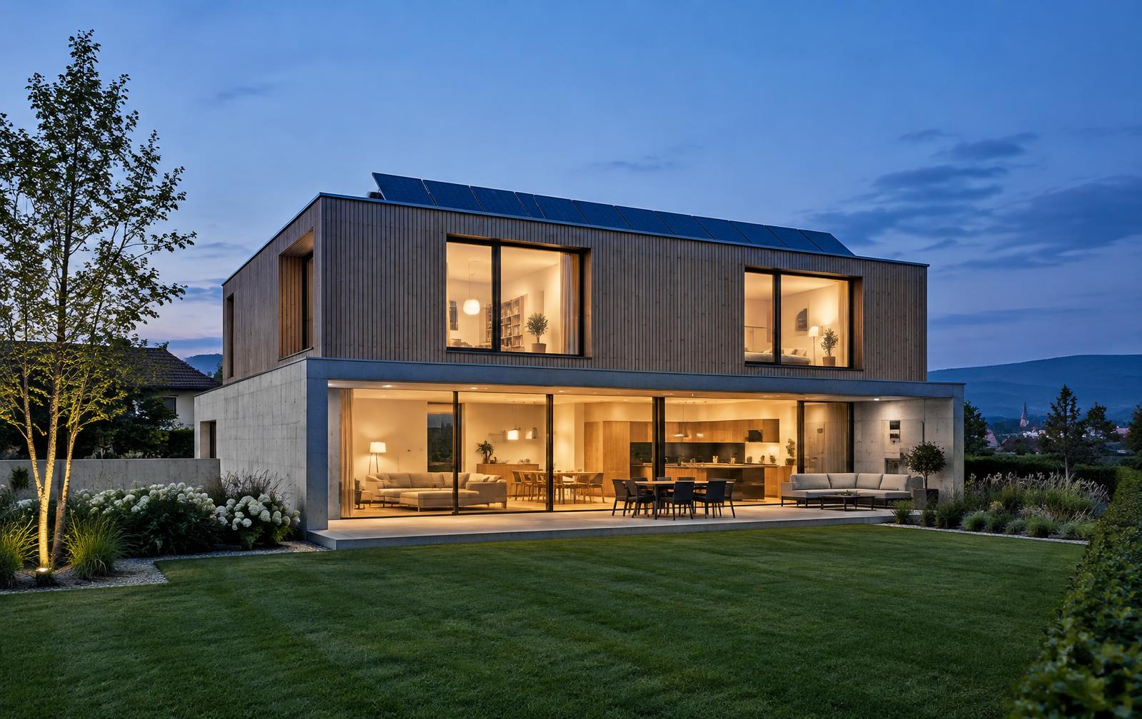 Modern home with rooftop solar at dusk